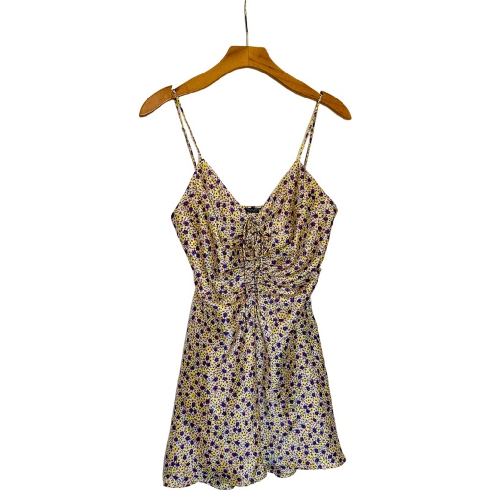 Zara Yellow Purple Floral Silky Mini Dress with Rouging
